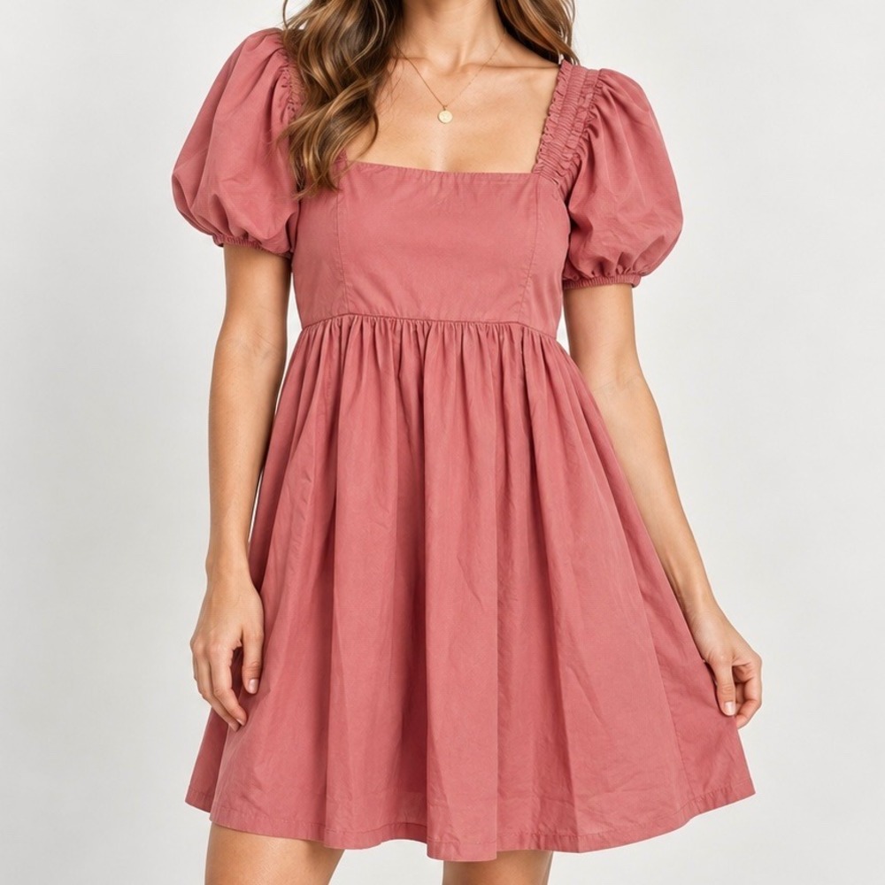 Steele. Pink Puff Sleeve Mini Dress Smocked Cutout Back ST2204231 Womens Small